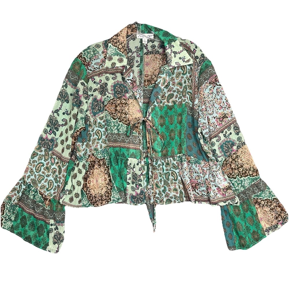 She + Sky Blouse Top Large Patchwork Bell Sleeve Paisley Boho Coastal Flowy Tie